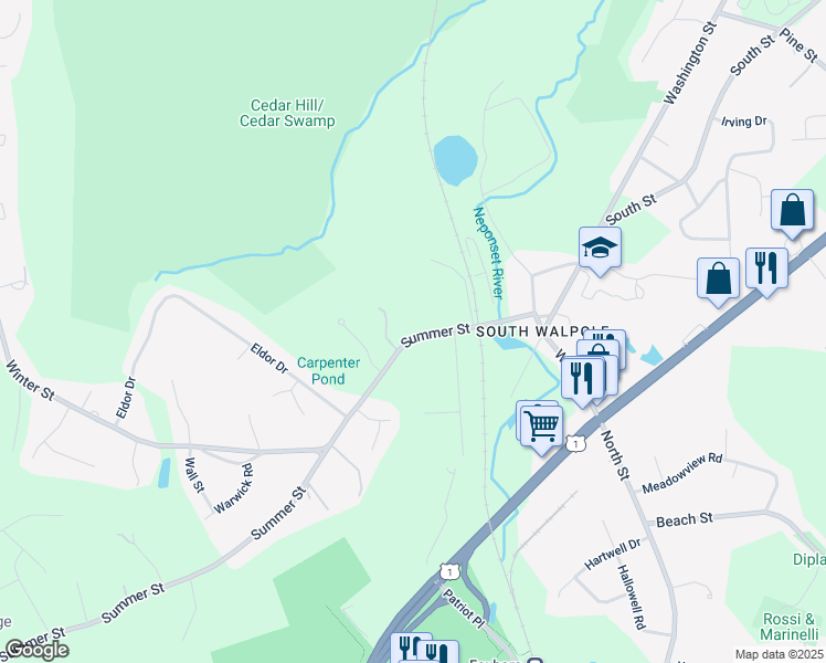 map of restaurants, bars, coffee shops, grocery stores, and more near 89 Summer Street in Walpole
