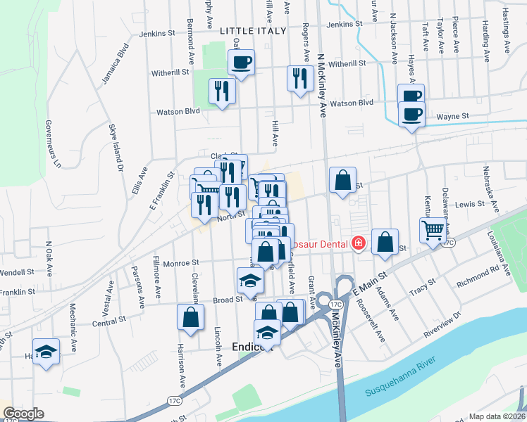 map of restaurants, bars, coffee shops, grocery stores, and more near 1301 North Street in Endicott