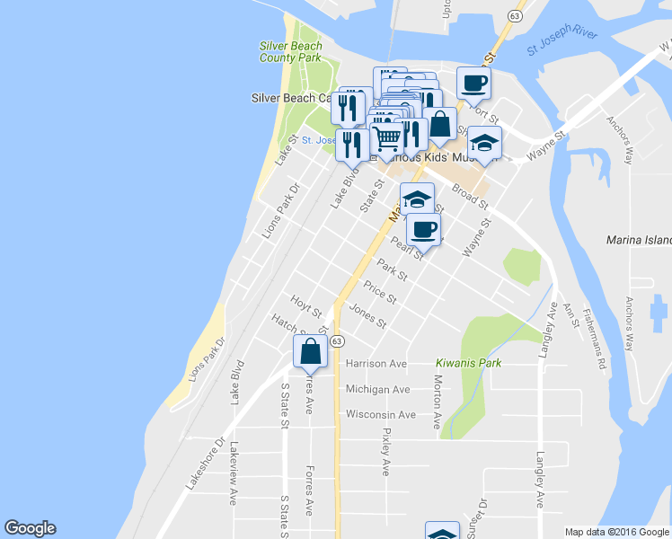 map of restaurants, bars, coffee shops, grocery stores, and more near 903 State Street in St. Joseph