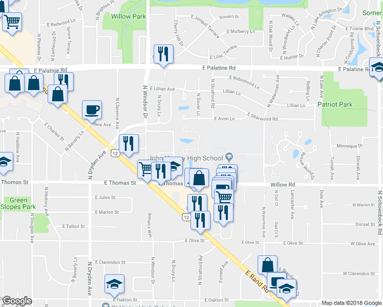 map of restaurants, bars, coffee shops, grocery stores, and more near 1532 N Courtland Dr in Arlington Heights