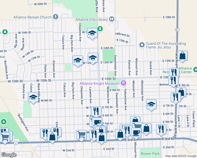 map of restaurants, bars, coffee shops, grocery stores, and more near 1000 Box Butte Avenue in Alliance