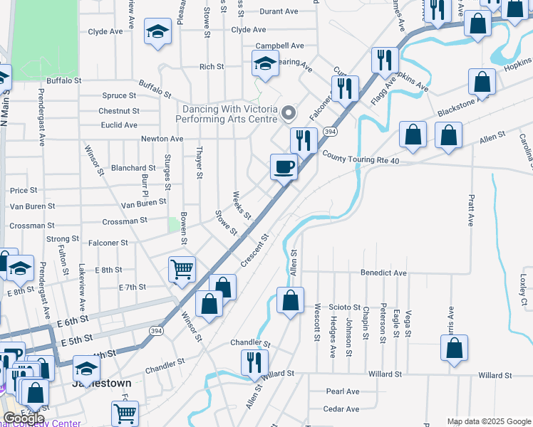 map of restaurants, bars, coffee shops, grocery stores, and more near 873 East 2nd Street in Jamestown