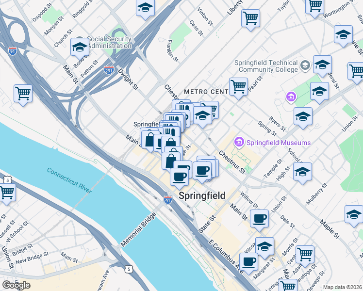 map of restaurants, bars, coffee shops, grocery stores, and more near 295 Worthington Street in Springfield