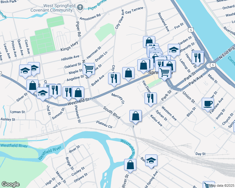 map of restaurants, bars, coffee shops, grocery stores, and more near 76 Mercury Court in West Springfield