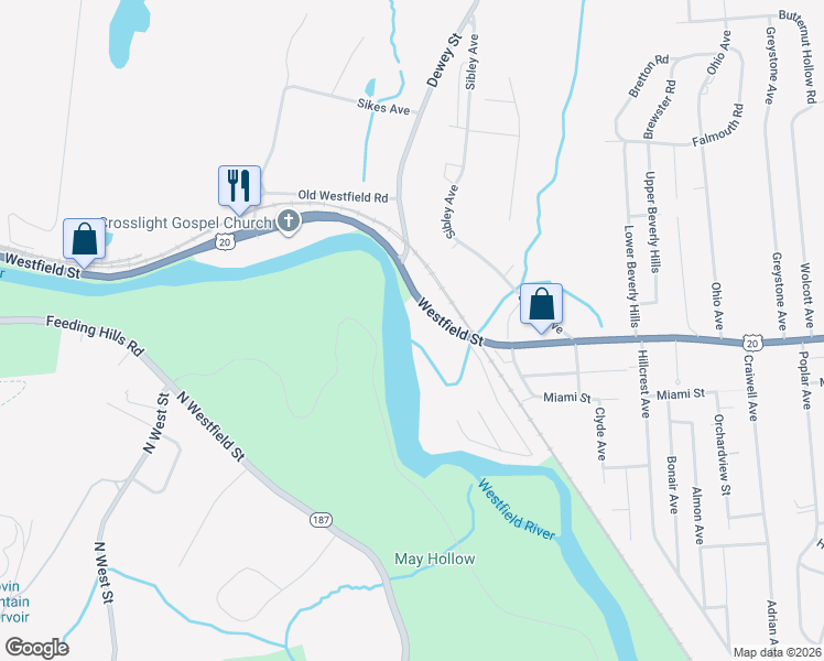 map of restaurants, bars, coffee shops, grocery stores, and more near 2405 Westfield Street in West Springfield