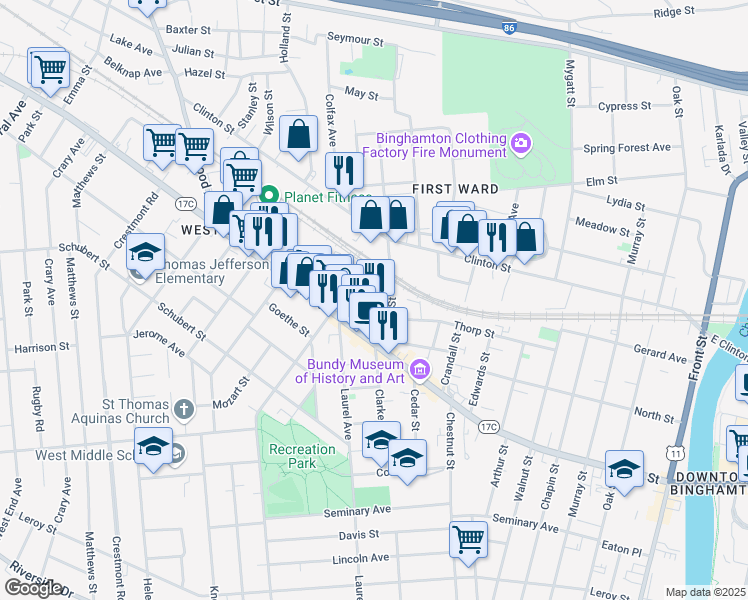 map of restaurants, bars, coffee shops, grocery stores, and more near 10 Charlotte Street in Binghamton