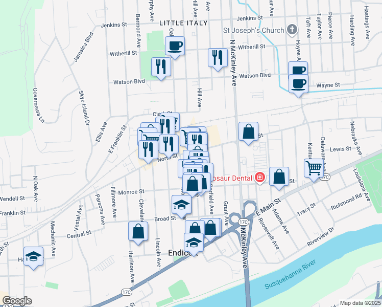 map of restaurants, bars, coffee shops, grocery stores, and more near 1301 North Street in Endicott