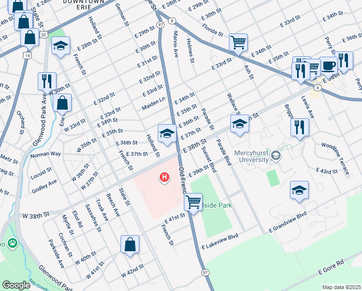 map of restaurants, bars, coffee shops, grocery stores, and more near 321 East 37th Street in Erie