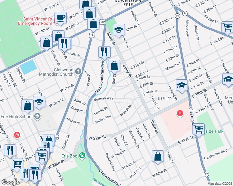 map of restaurants, bars, coffee shops, grocery stores, and more near 123 West 34th Street in Erie