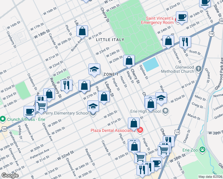 map of restaurants, bars, coffee shops, grocery stores, and more near 2631 Liberty Street in Erie