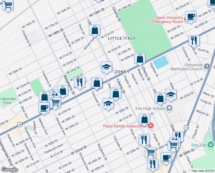 map of restaurants, bars, coffee shops, grocery stores, and more near 914 Highway 20 in Erie