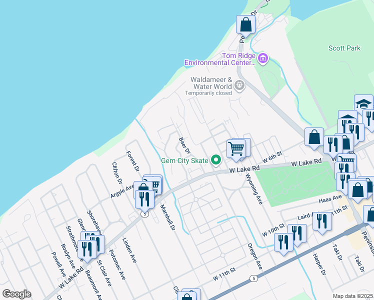 map of restaurants, bars, coffee shops, grocery stores, and more near 233 Baer Drive in Erie