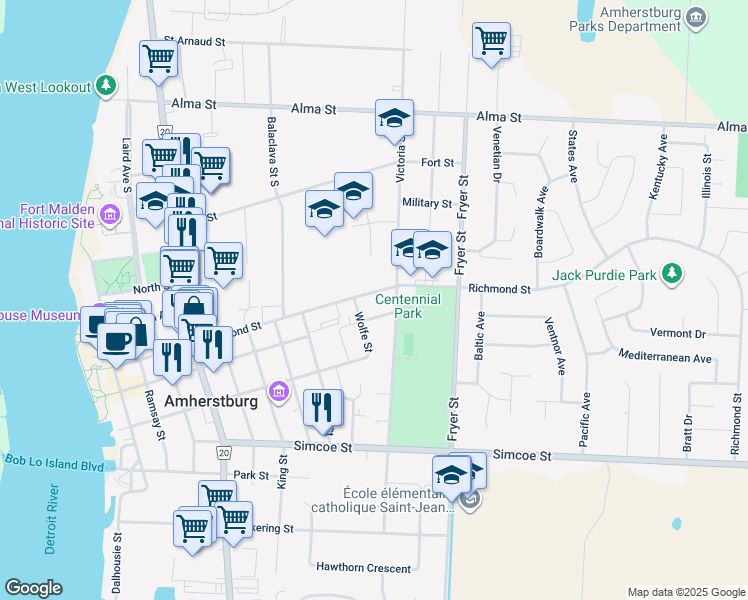 map of restaurants, bars, coffee shops, grocery stores, and more near 286 Richmond Street in Amherstburg