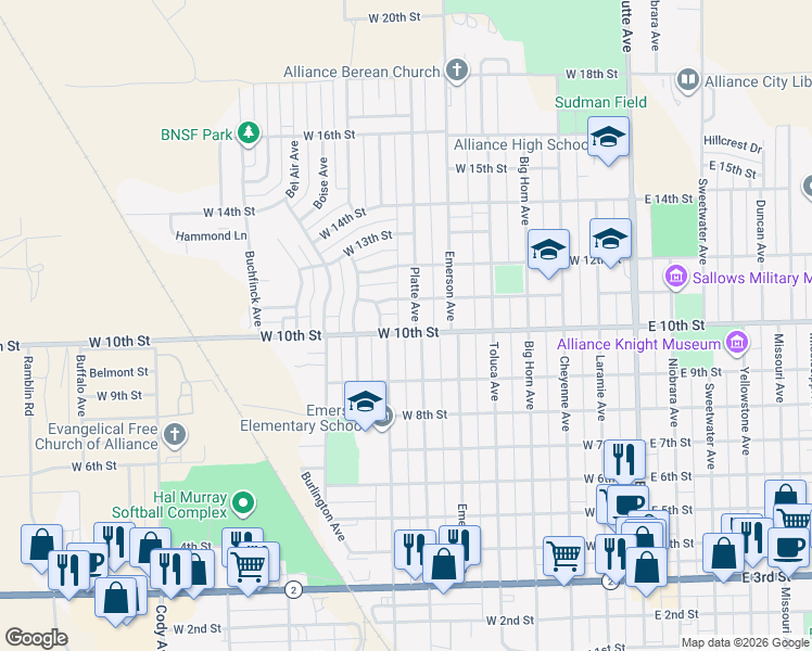 map of restaurants, bars, coffee shops, grocery stores, and more near 745-799 W 11th St in Alliance