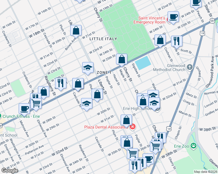 map of restaurants, bars, coffee shops, grocery stores, and more near 2631 Liberty Street in Erie