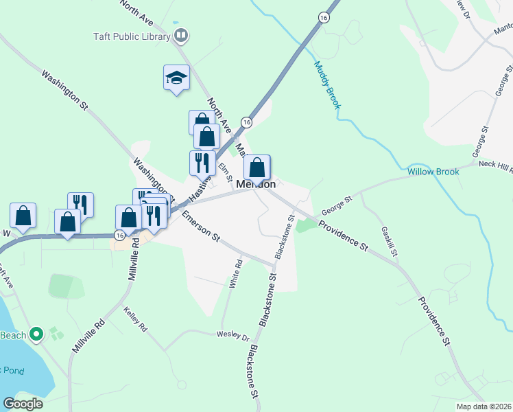 map of restaurants, bars, coffee shops, grocery stores, and more near 21 Main Street in Mendon