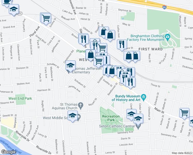 map of restaurants, bars, coffee shops, grocery stores, and more near 6 Grand Boulevard in Binghamton
