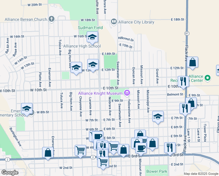 map of restaurants, bars, coffee shops, grocery stores, and more near in Alliance