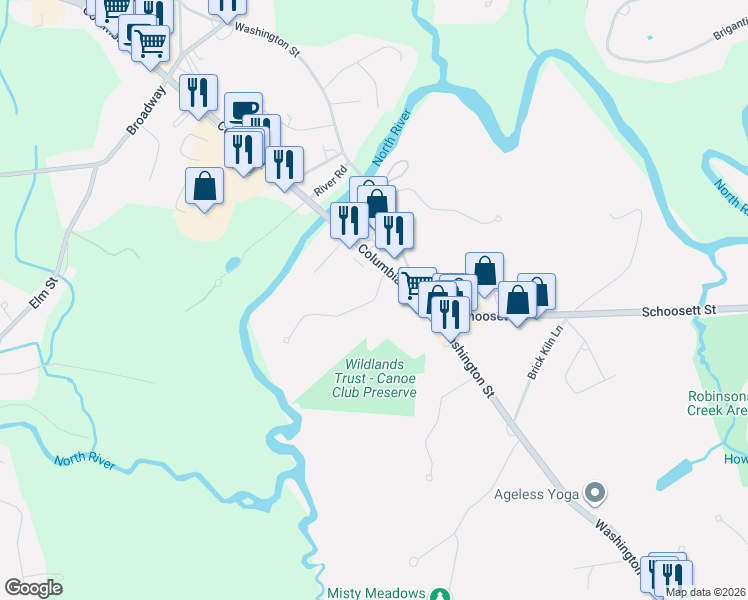 map of restaurants, bars, coffee shops, grocery stores, and more near 21 Canoe Club Lane in Pembroke