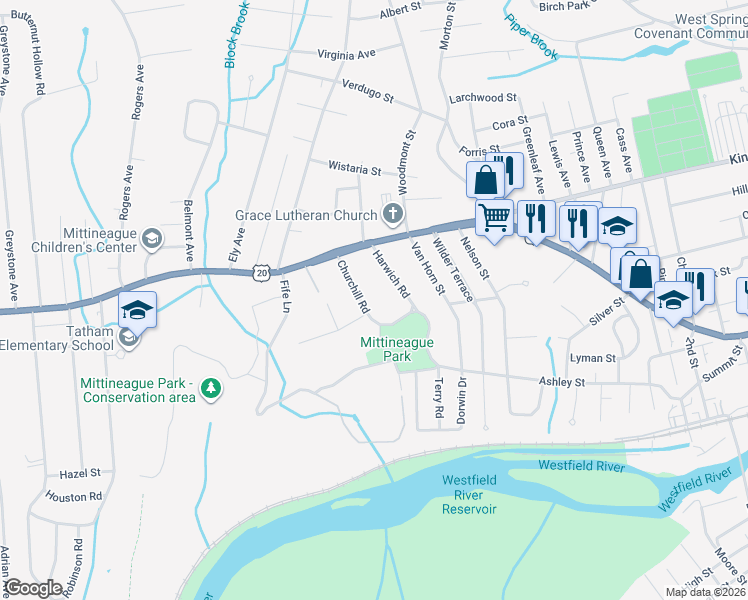 map of restaurants, bars, coffee shops, grocery stores, and more near 51 Churchill Road in West Springfield