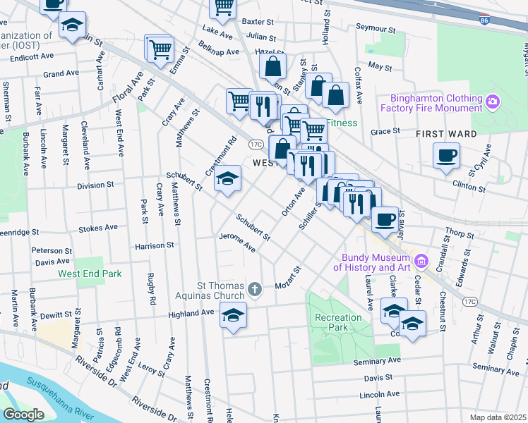 map of restaurants, bars, coffee shops, grocery stores, and more near 18 Gay Street in Binghamton