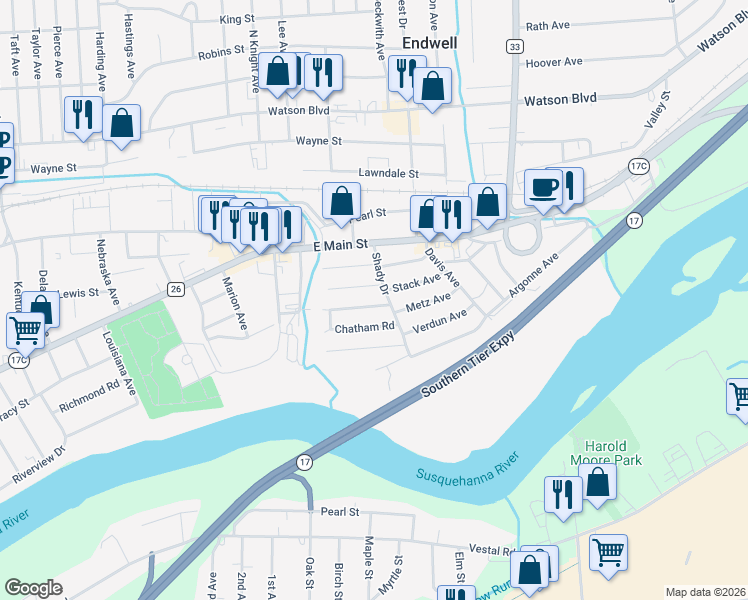 map of restaurants, bars, coffee shops, grocery stores, and more near 502 Shady Drive in Endicott