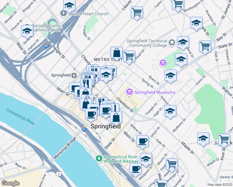 map of restaurants, bars, coffee shops, grocery stores, and more near 7 Mattoon Street in Springfield