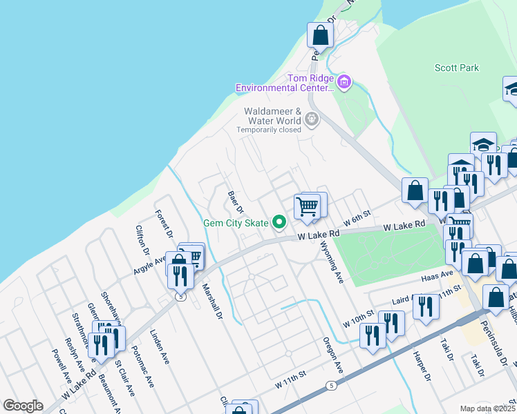 map of restaurants, bars, coffee shops, grocery stores, and more near 314 Oregon Avenue in Erie