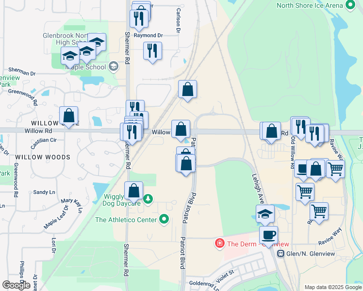map of restaurants, bars, coffee shops, grocery stores, and more near 2700 Patriot Boulevard in Glenview