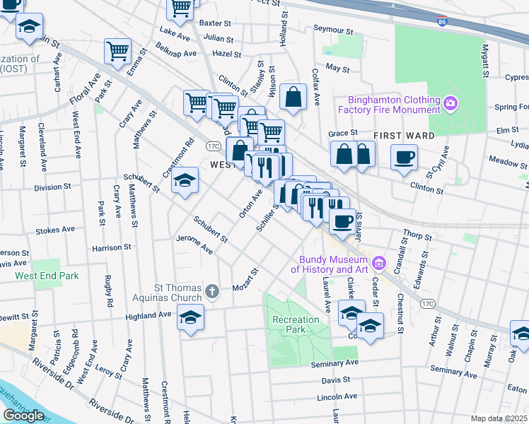 map of restaurants, bars, coffee shops, grocery stores, and more near 59 Schiller Street in Binghamton