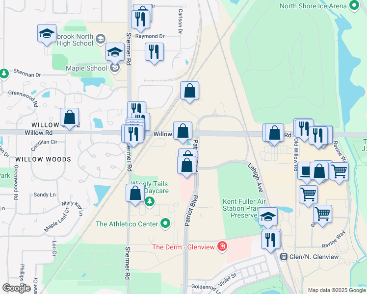map of restaurants, bars, coffee shops, grocery stores, and more near 2700 Patriot Boulevard in Glenview