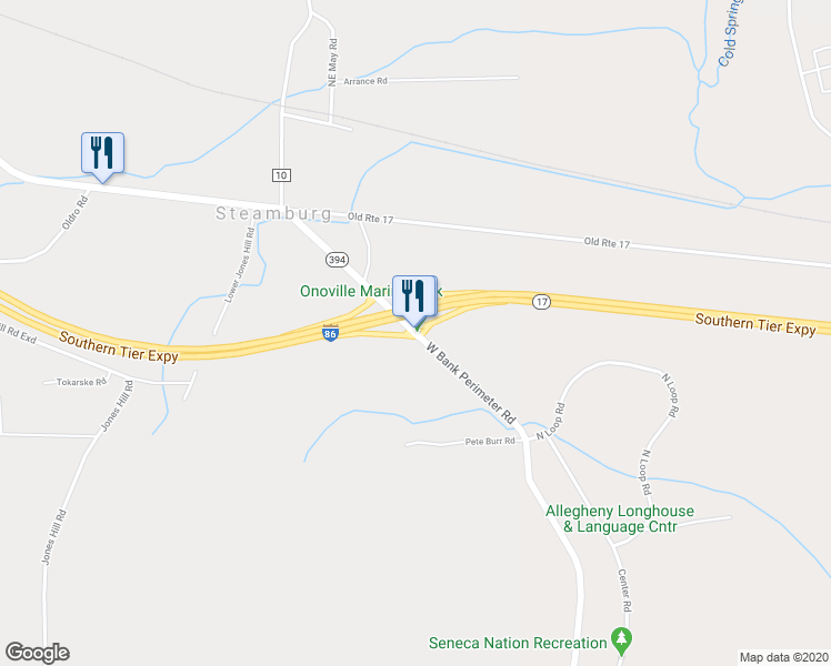 map of restaurants, bars, coffee shops, grocery stores, and more near West Perimeter Road in Cattaraugus County