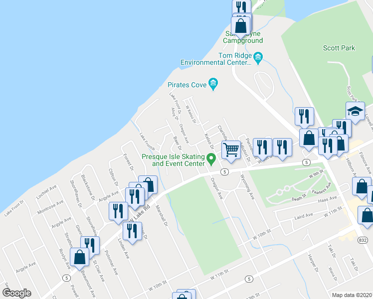 map of restaurants, bars, coffee shops, grocery stores, and more near 233 Baer Drive in Erie