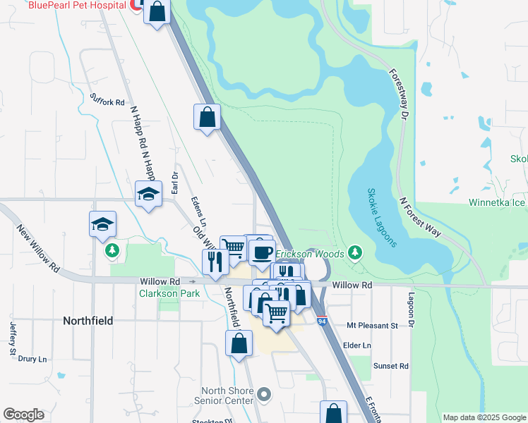 map of restaurants, bars, coffee shops, grocery stores, and more near 770 Frontage Road in Northfield