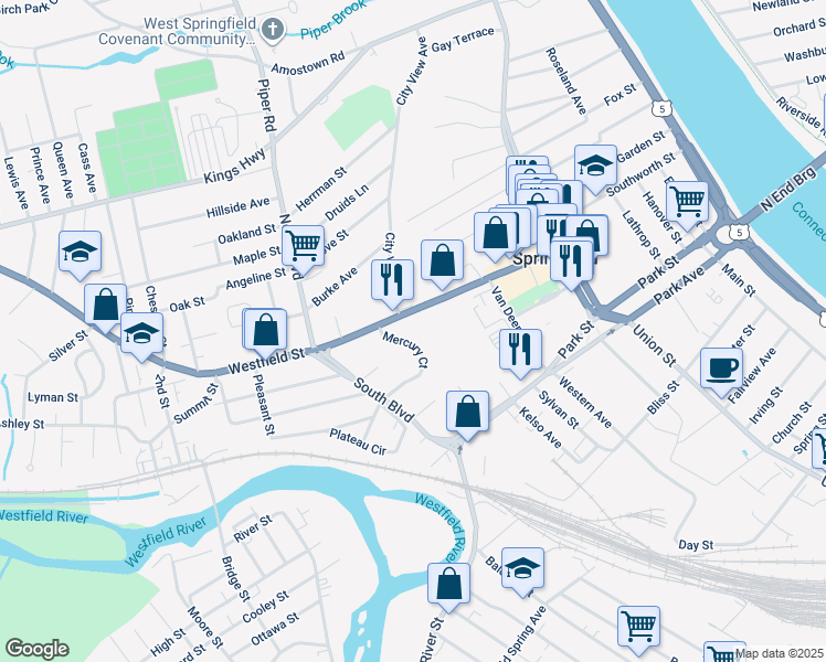map of restaurants, bars, coffee shops, grocery stores, and more near 76 Mercury Court in West Springfield
