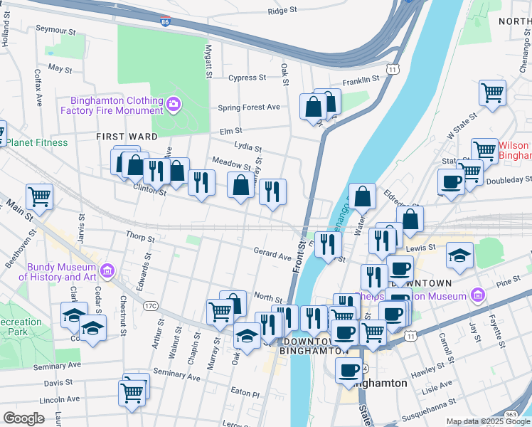 map of restaurants, bars, coffee shops, grocery stores, and more near 179 Oak Street in Binghamton