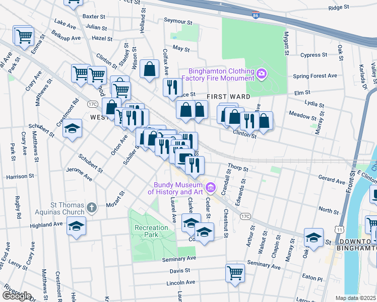 map of restaurants, bars, coffee shops, grocery stores, and more near 10 Charlotte Street in Binghamton
