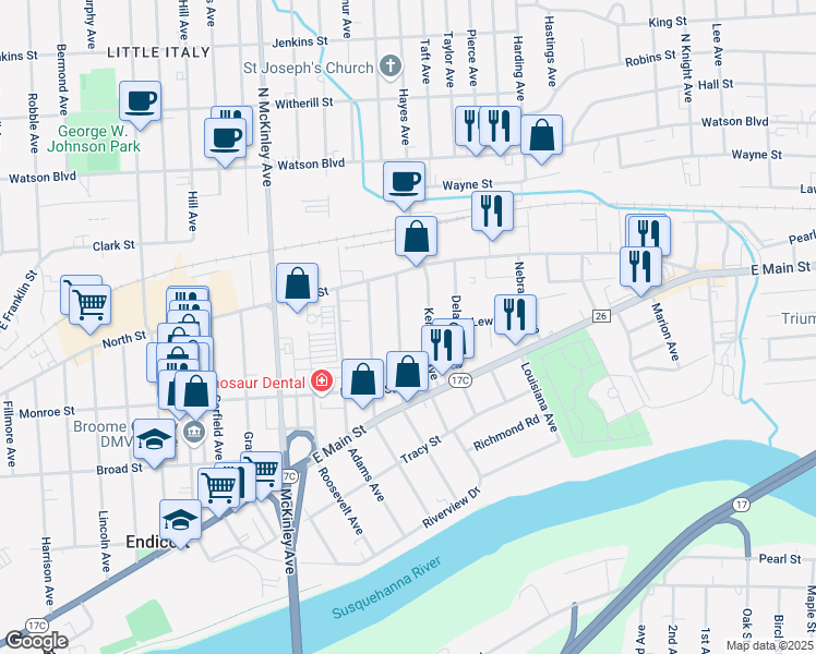 map of restaurants, bars, coffee shops, grocery stores, and more near 23 Jackson Avenue in Endicott
