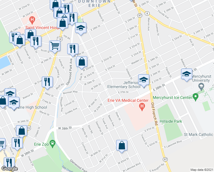 map of restaurants, bars, coffee shops, grocery stores, and more near 3503 State Street in Erie