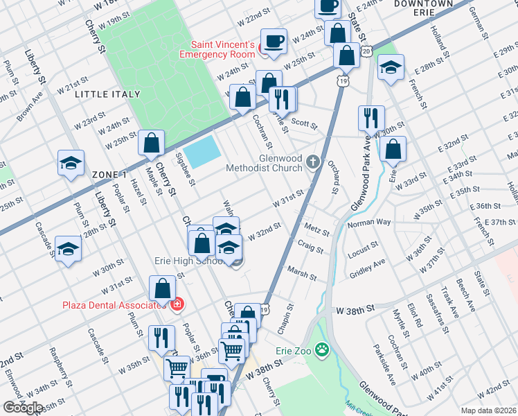map of restaurants, bars, coffee shops, grocery stores, and more near 421 Stafford Avenue in Erie