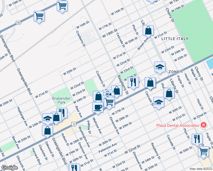 map of restaurants, bars, coffee shops, grocery stores, and more near 1147 West 23rd Street in Erie