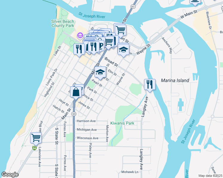 map of restaurants, bars, coffee shops, grocery stores, and more near 602 Wayne Street in St. Joseph
