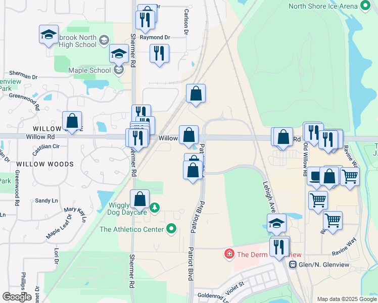 map of restaurants, bars, coffee shops, grocery stores, and more near 2700 Patriot Boulevard in Glenview