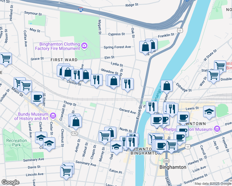 map of restaurants, bars, coffee shops, grocery stores, and more near Clinton St & Murray St in Binghamton
