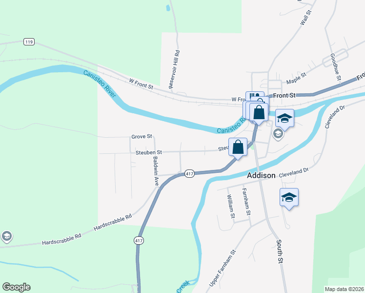 map of restaurants, bars, coffee shops, grocery stores, and more near 63 Steuben Street in Addison