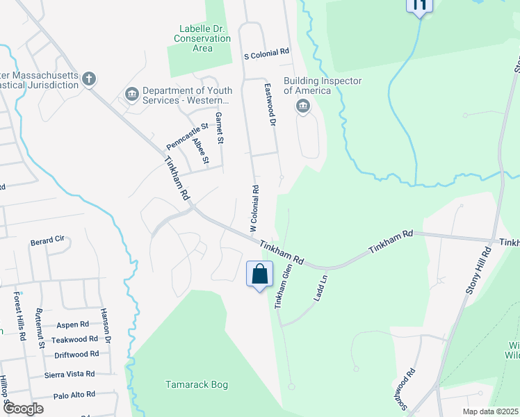 map of restaurants, bars, coffee shops, grocery stores, and more near 43 West Colonial Road in Wilbraham