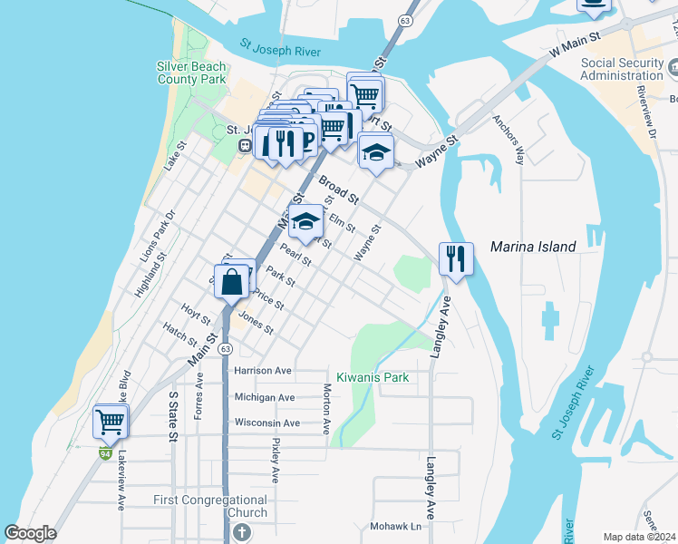map of restaurants, bars, coffee shops, grocery stores, and more near 917 Pearl Street in St. Joseph