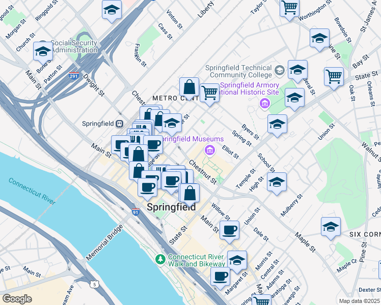 map of restaurants, bars, coffee shops, grocery stores, and more near 11 Mattoon Street in Springfield
