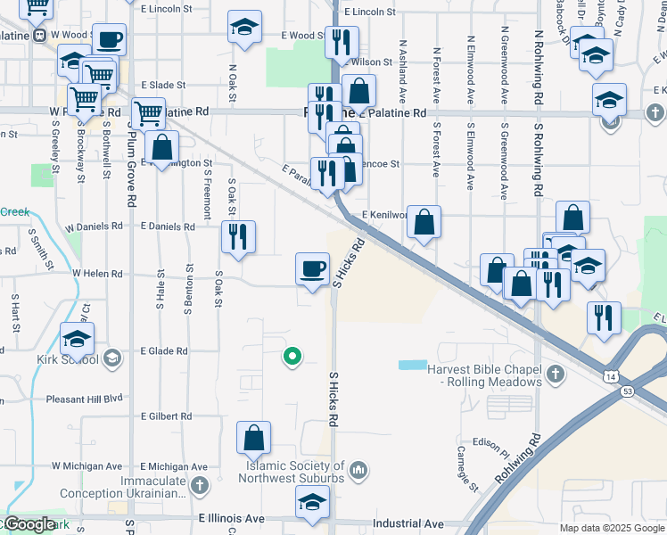map of restaurants, bars, coffee shops, grocery stores, and more near 200 Sellstrom Drive in Palatine