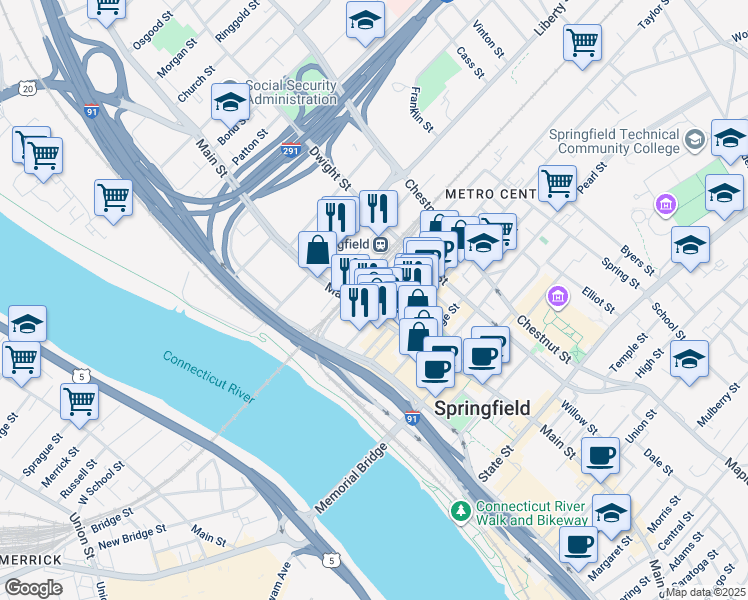 map of restaurants, bars, coffee shops, grocery stores, and more near 15 Lyman Street in Springfield